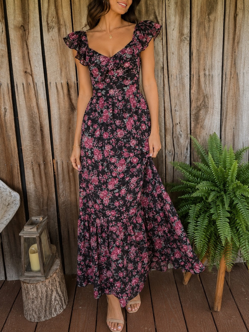Francesca’s XS Black Pink Floral Maxi Dress Ruffle Sleeves Cottagecore Boho